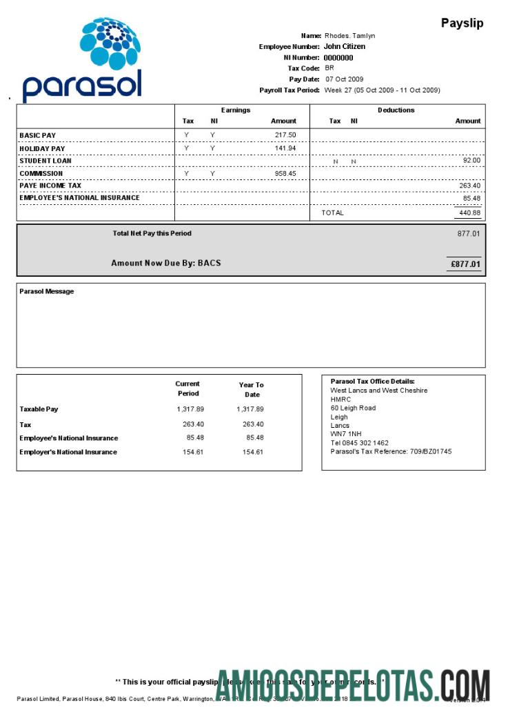 PARASOL Limited Paystub em formatos Word e PDF amostra